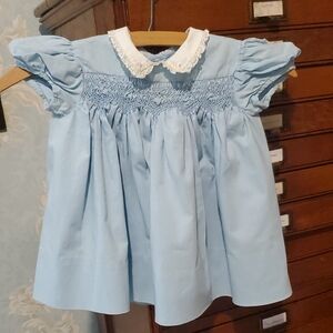 Blue Smocked POLLY FLINDERS Baby Dress with Lace Collar